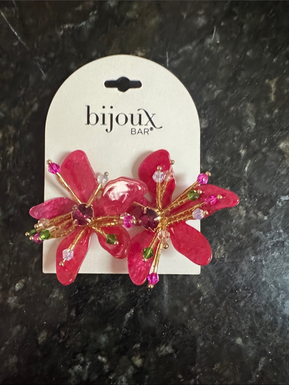 NEW. Bijoux Bar Fuchsia Floral Clip-On Earrings with Gold Accents